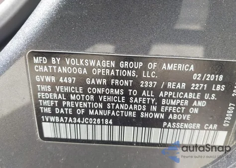 2018 Volkswagen Passat 2.0T Se from USA, damaged, VIN 1VWBA7A34JC026184